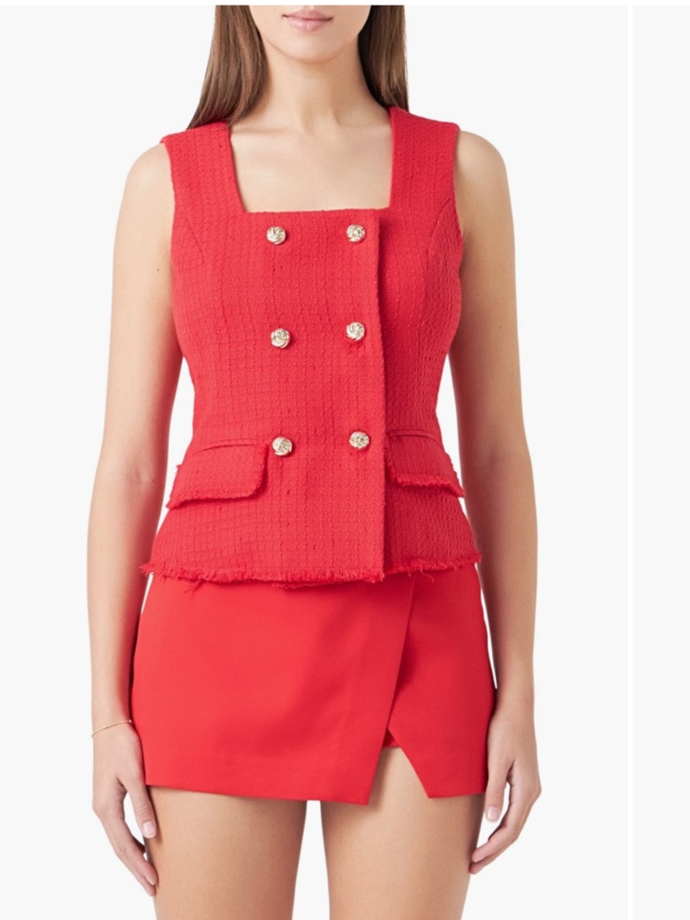 Endless Rose Red Tweed Double-Breasted Shell Top with Gold Buttons